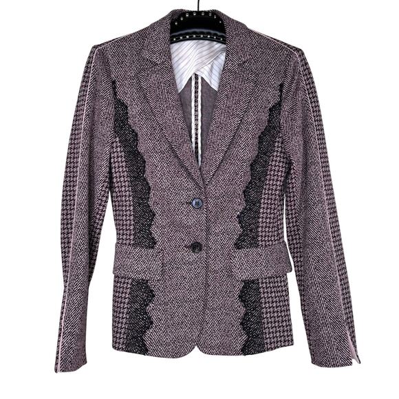Marc Cain Houndstooth Herringbone Button Up Lace Blazer Small NWOT - Picture 2 of 16